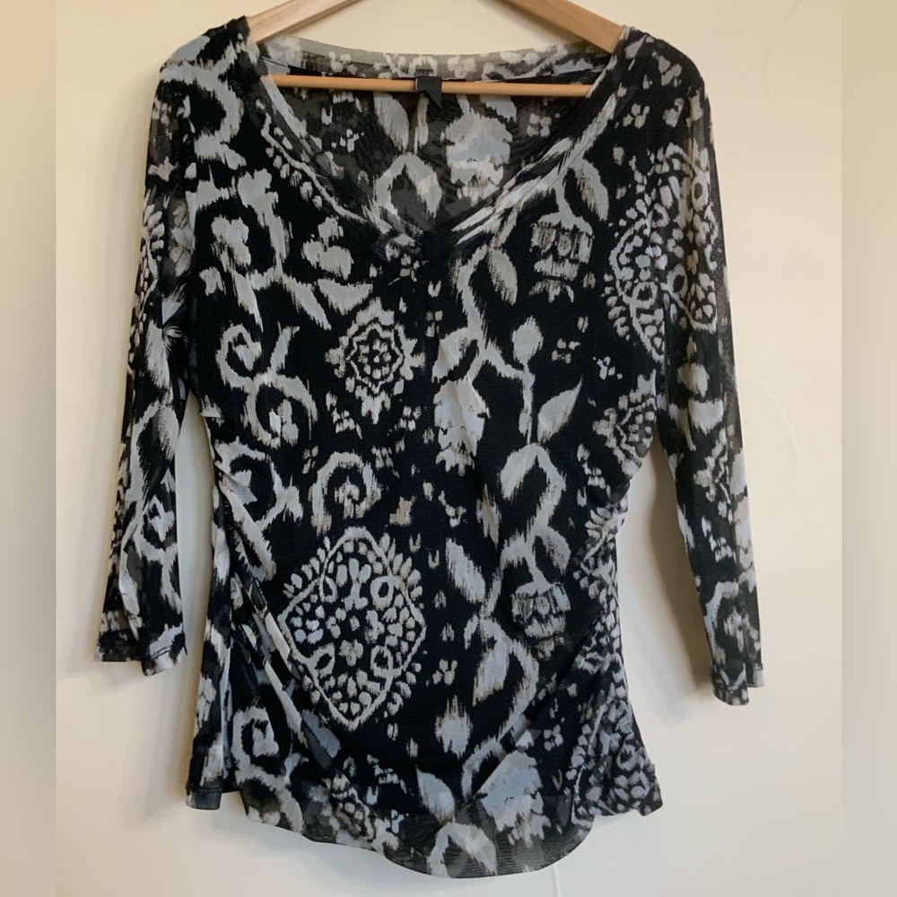 INC Mesh Stretch Roushed 3/4 Sleeve Top, Size L Large